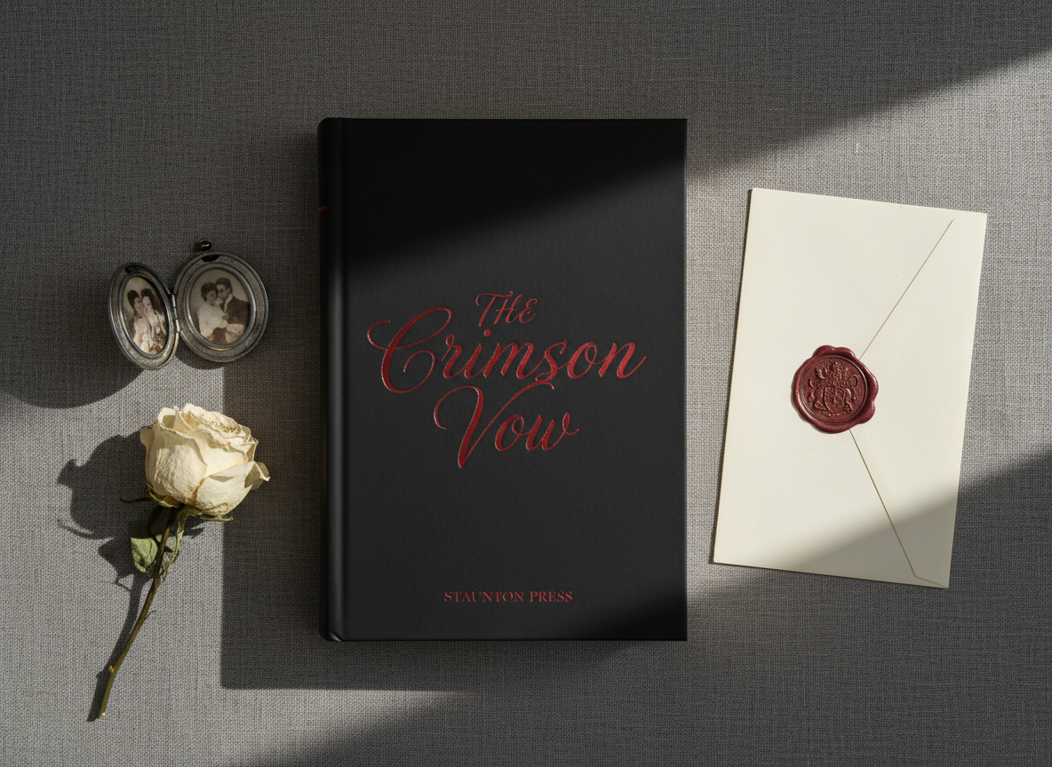 A sophisticated flat-lay composition of a Staunton Press romantic suspense title: a single hardcover book with a matte black dust jacket and a delicate crimson foil title, centered on a textured charcoal linen surface. Around it lie symbolic objects—a silver locket slightly open, a pressed white rose, and a folded letter sealed with dark red wax bearing an intricate crest. Soft, diffused window light from the right creates gentle gradients across the cover and subtle highlights on the metallic foil. Shadows are feathered and understated, enhancing the refined mood. Photographed in high-resolution realism from directly above, with tight framing and balanced spacing between items, the image conveys a sense of tension, elegance, and emotional depth appropriate to the genre.