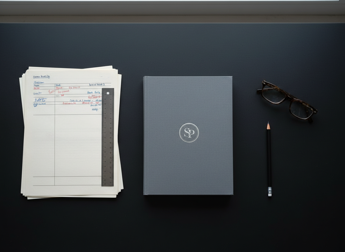 A minimalist publisher’s workspace showcasing Staunton Press branding: a closed, slate-gray hardcover manuscript mockup with a small, debossed silver emblem at its center, placed precisely on a matte black desk. Surrounding it are neatly stacked printed pages with editorial markings, a sleek metal ruler, and a pair of dark tortoiseshell reading glasses folded beside a graphite pencil. Cool, diffused daylight spills in from an unseen window, producing soft, even illumination and subtle reflections on the metallic accents. Captured from a top-down, bird’s-eye perspective, the composition is carefully balanced with generous negative space. The photographic realism, muted tones, and crisp details convey a sophisticated, professional atmosphere befitting an independent literary imprint focused on crafted genre fiction.