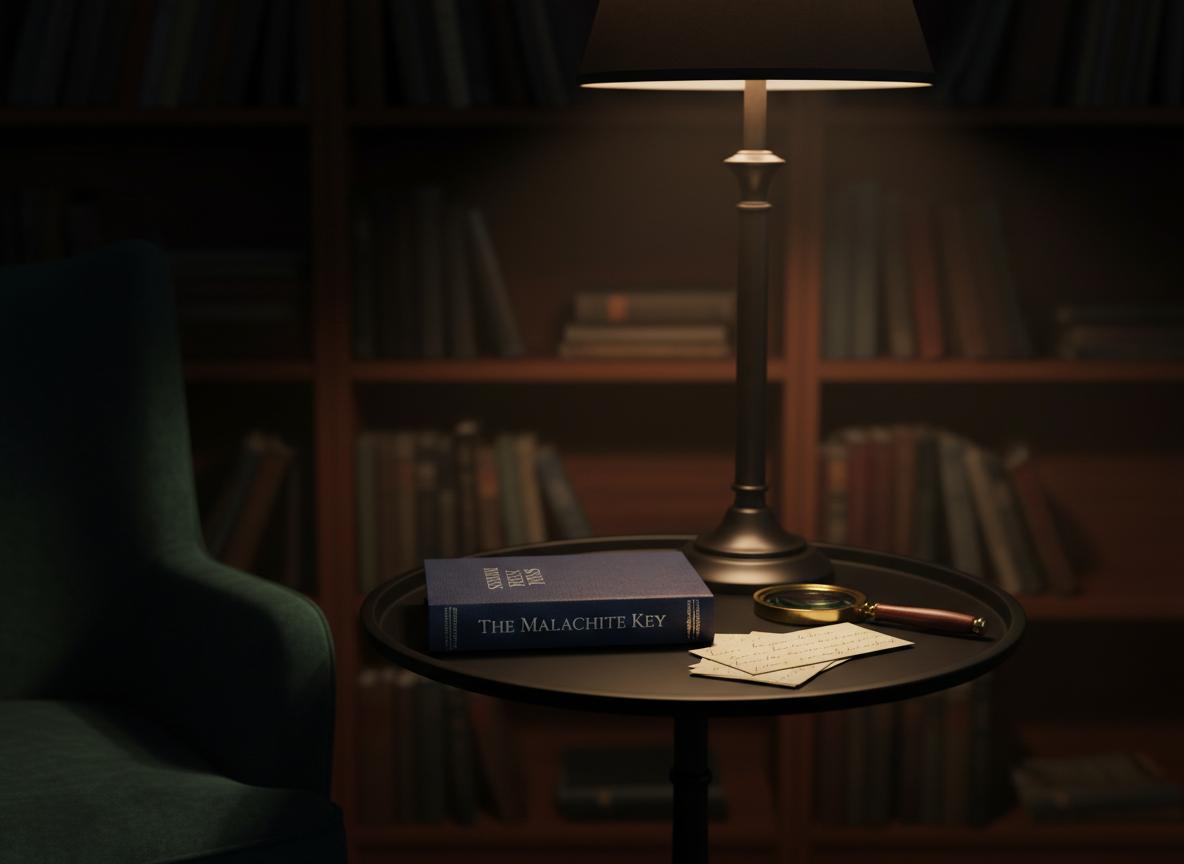 An intimate reading nook styled for Staunton Press mysteries: a plush, dark emerald velvet armchair seen partially at the edge of the frame, with a small round black side table in focus. On the table sits a single Staunton Press book, closed, with a textured navy cover and understated silver typography, alongside an old-fashioned magnifying glass and a small stack of handwritten, tea-stained index cards. A shaded floor lamp casts a warm, focused pool of light on the table, leaving the rest of the corner in gentle shadow. Shot at eye level with a moderate depth of field, the background shows blurred hints of tall bookshelves. The photographic realism and moody contrast create an inviting yet enigmatic atmosphere, perfect for showcasing mystery fiction.