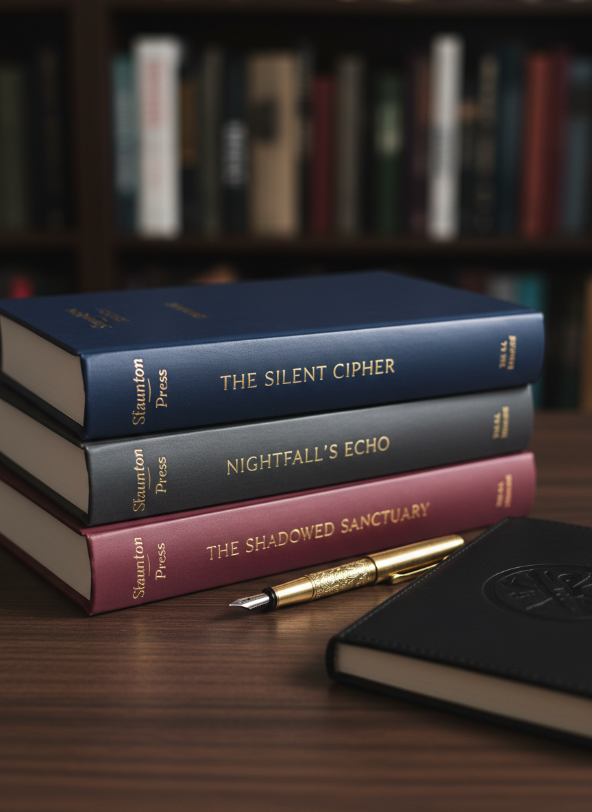 A meticulously arranged stack of hardcover thrillers and mysteries bearing the elegant Staunton Press imprint, their dust jackets in deep indigo, charcoal, and burgundy, with refined metallic titles catching the light. The books rest on a dark walnut desk beside a vintage brass fountain pen and a black leather-bound notebook embossed with a subtle sigil. Soft, directional studio lighting from the left creates gentle highlights on the glossy covers and faint shadows along the grain of the wood. Shot at eye level with a shallow depth of field, the background fades into a velvety blur of shelves filled with more spines. The photographic realism and restrained color palette create a sophisticated, atmospheric mood suitable for an independent publishing brand.