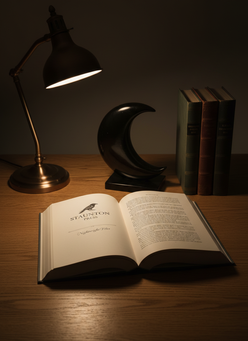 An open hardcover novel from Staunton Press lies centered on a richly grained oak table, its creamy pages filled with dense, elegant serif text and a small chapter heading that reads “Nightwright Files.” A finely crafted black obsidian bookend shaped like a crescent moon anchors a row of closed titles nearby. A single shaded desk lamp casts warm, focused light onto the spread, leaving the surrounding room in discreet semi-darkness. Subtle shadows fall into the valley of the spine, emphasizing the book’s tactile quality. Shot from a slightly elevated angle in photographic realism, the composition uses rule of thirds to highlight the open pages, evoking a moody, intimate atmosphere of late-night reading and genre fiction intrigue.