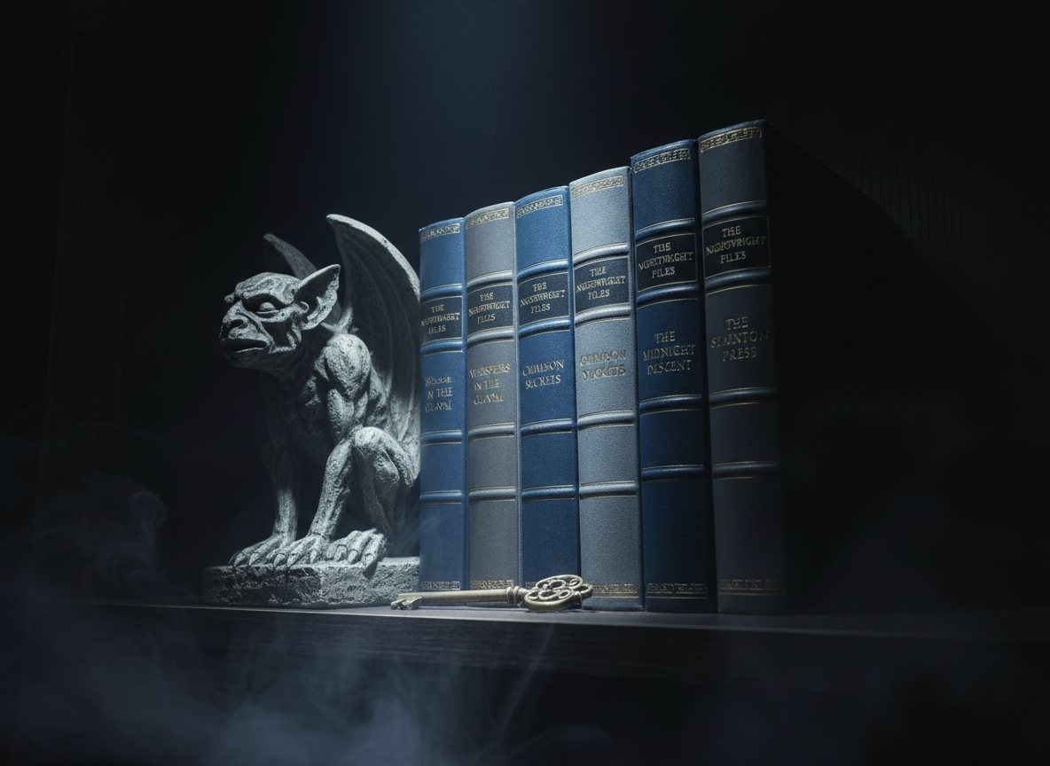 A mysterious, atmospheric bookshelf vignette dedicated to the Nightwright Files series: several Staunton Press hardcovers with matching spines in shades of midnight blue and smoke gray, arranged in a tight row. Beside them stands a heavy, weathered stone gargoyle bookend and a single antique brass key resting on the shelf. A narrow beam of cool, moonlike light from above grazes the spines, creating dramatic highlights on the embossed titles and deep shadows behind the objects. Wisps of subtle, simulated fog linger at the base of the shelf, enhancing the sense of intrigue. Shot at a low, slightly oblique angle with shallow depth of field, the background fades into darkness. The photographic style and gothic ambiance underscore the imprint’s focus on atmospheric thrillers and romantic suspense.